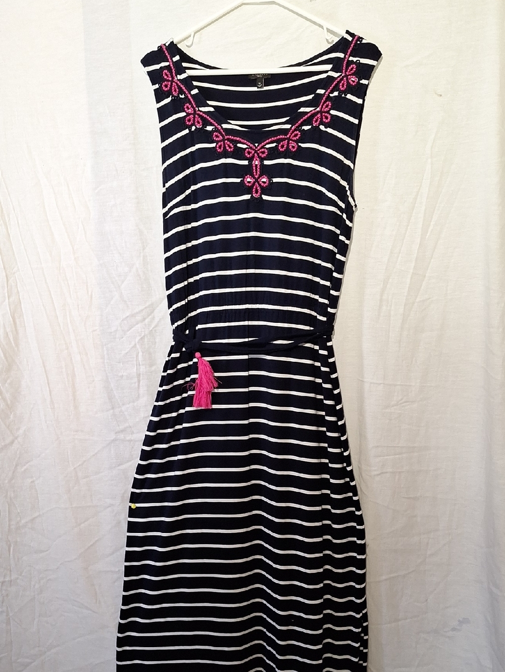 3/$20-Talbots Navy and White Striped Maxi Dress, Embroidered, Sleeveless, 12